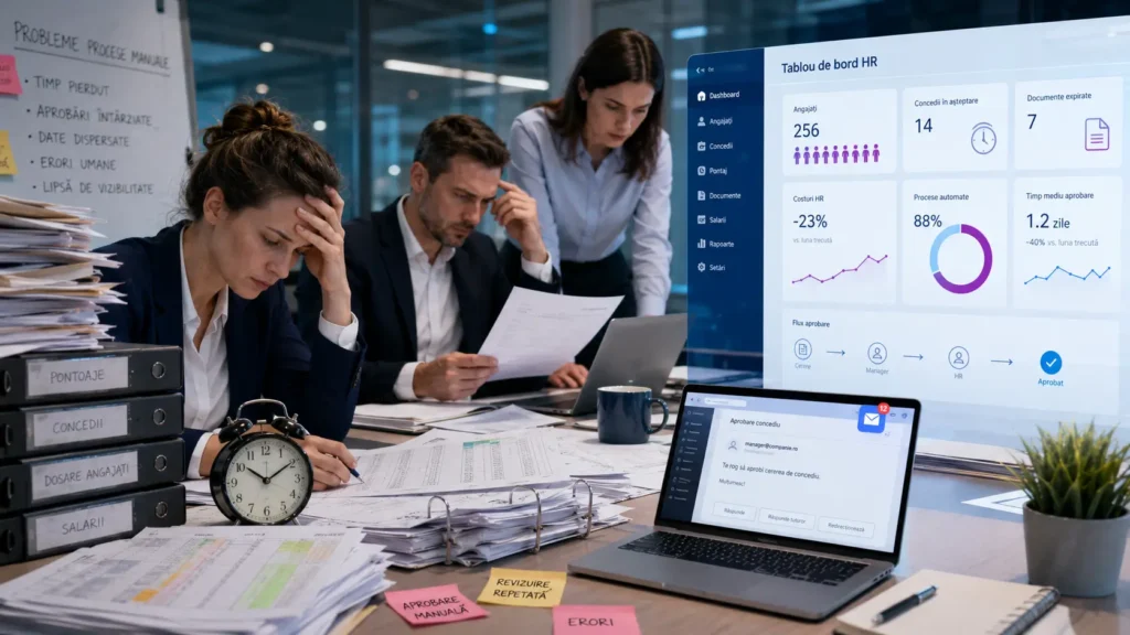 Procese HR manuale cu documente, tabele și dashboard digital pentru automatizarea costurilor ascunse